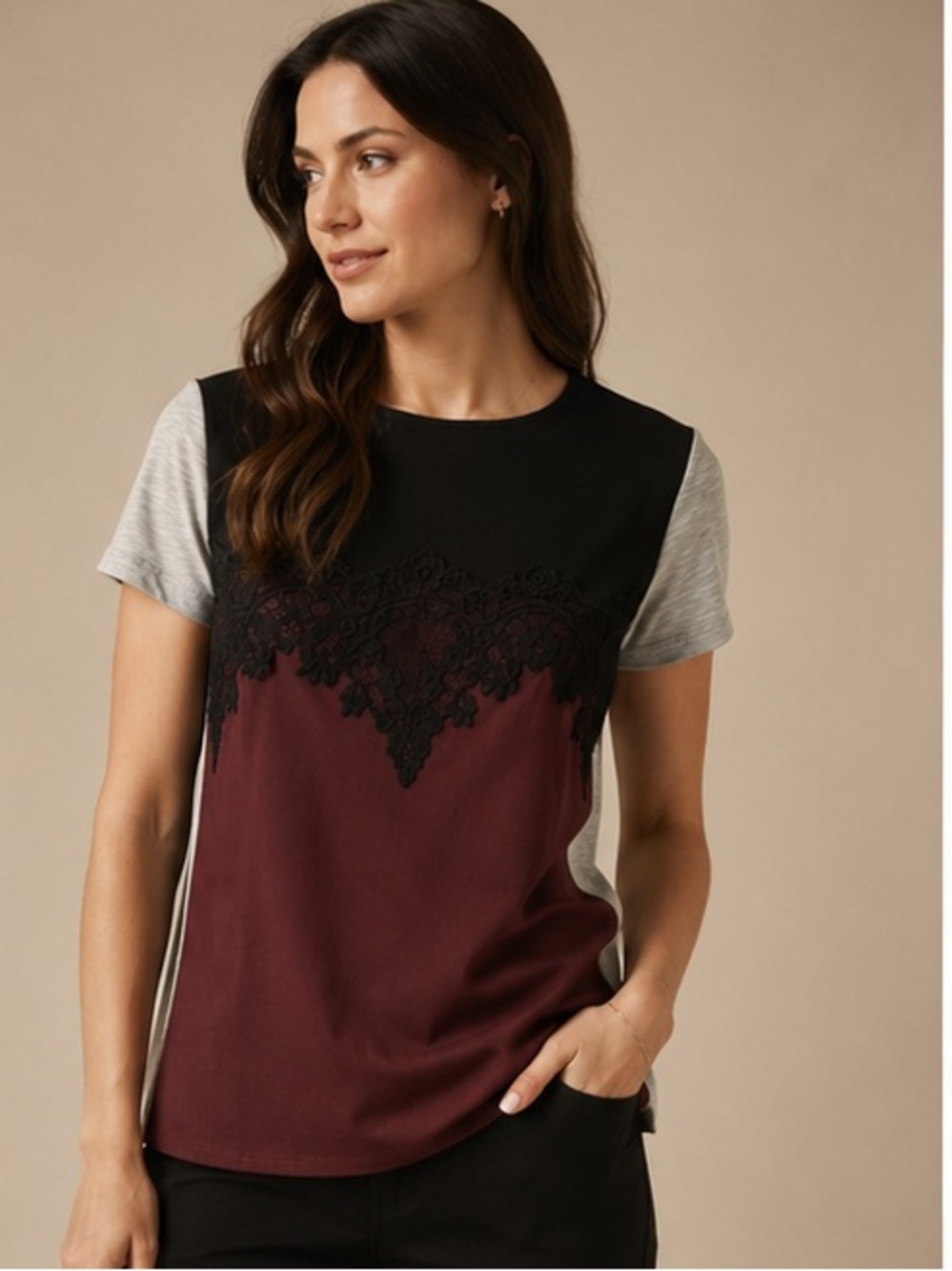 Apt. 9 Burgundy Black Lace Colorblock Blouse XL Career Office Top
